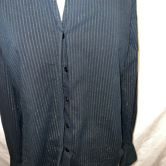 Black button down blouse‎ with gold shimmer stripes size Large - Picture 8 of 15